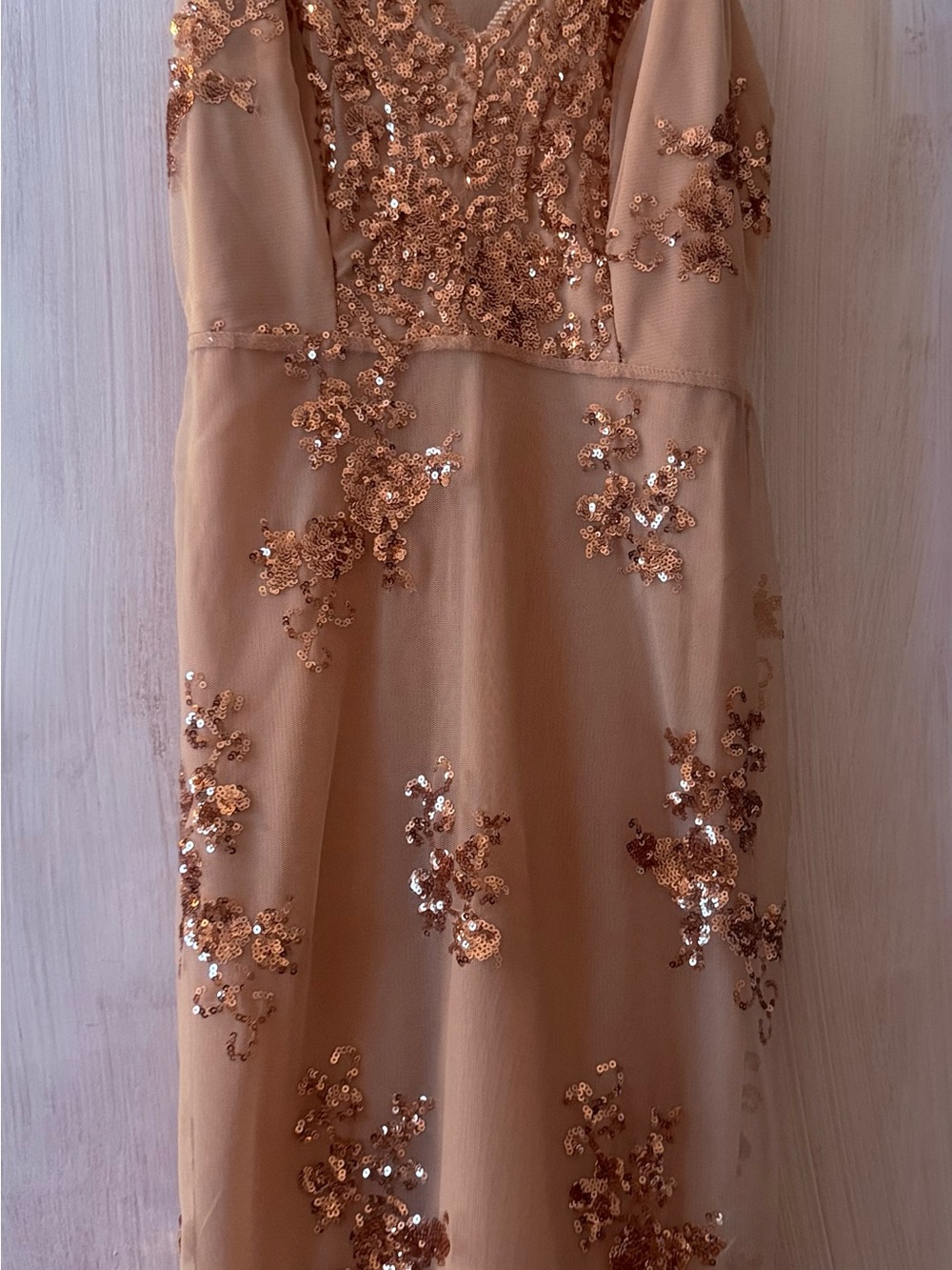Elegant Sequin-Appliqué Evening Dress in Champagne